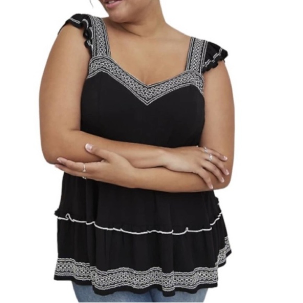 Torrid BABYDOLL CRINKLE GAUZE EMBROIDERED TIERED TOP